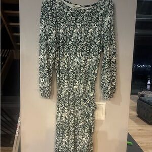 Boden Floral Long Sleeve Dress in Green and White